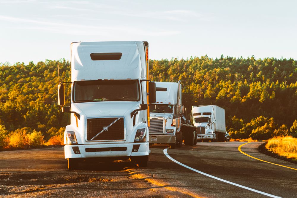 US conventional-cab semi-trucks on a highway shoulder, including a Freightliner